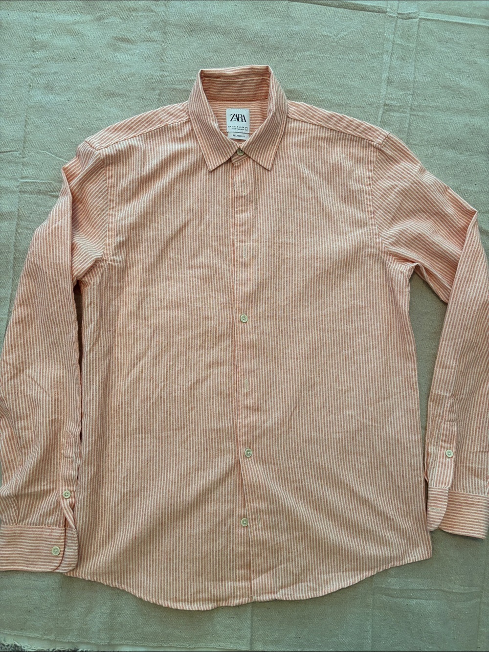 ZARA Men’s Coral Striped Button-Up Shirt S cotton/ linen